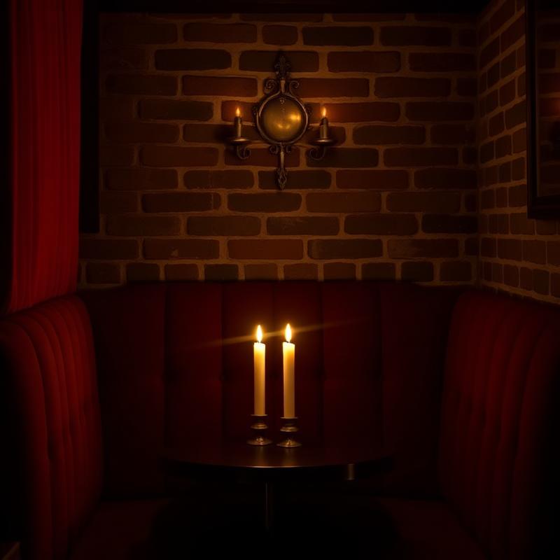 Velvet corner booth lit by two candles