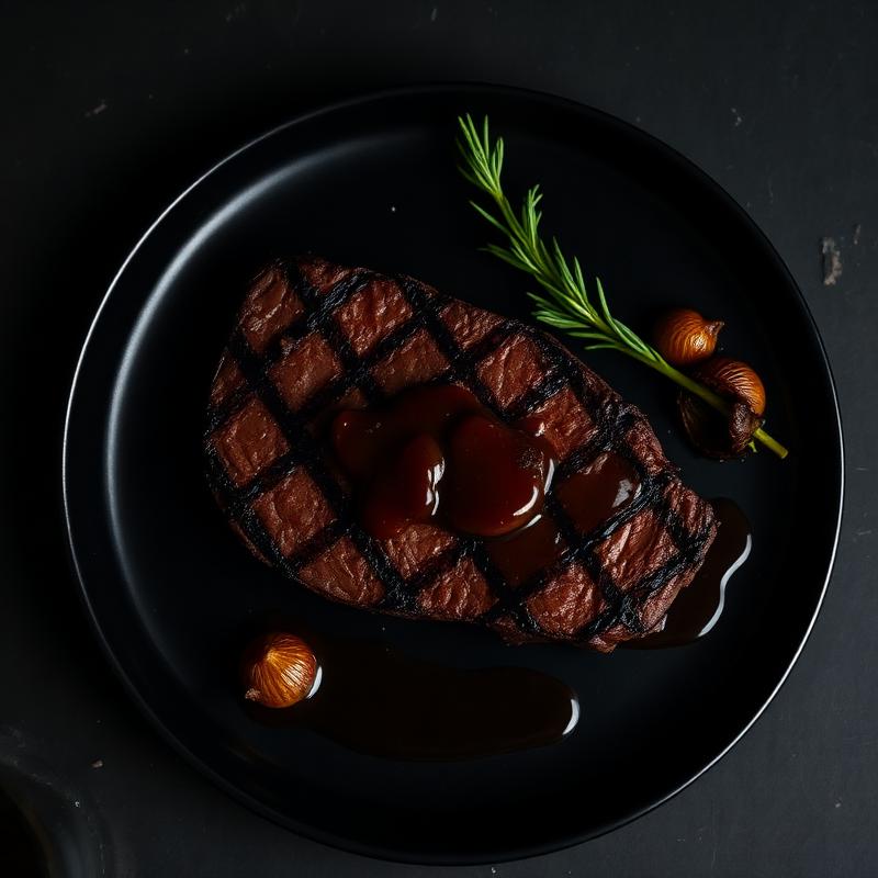 Charcoal-grilled ribeye on a black plate