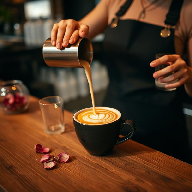 Rose velvet latte being poured at the bar