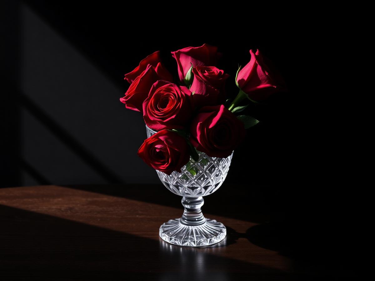 Deep red roses in a cut-crystal vase
